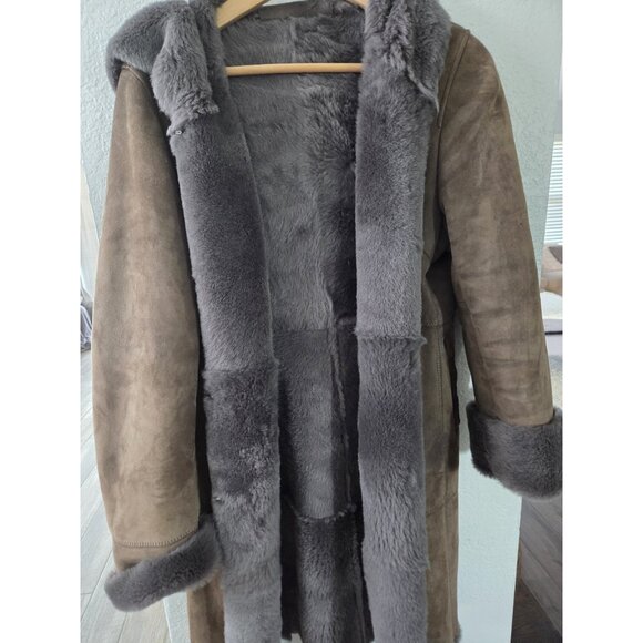 Genuine shearling long coat authentic sheepskin hooded jacket M. Y2K - Picture 1 of 7